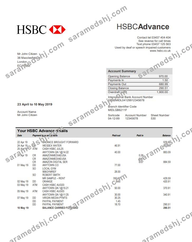 United Kingdom HSBC bank statement template in Word and PDF format